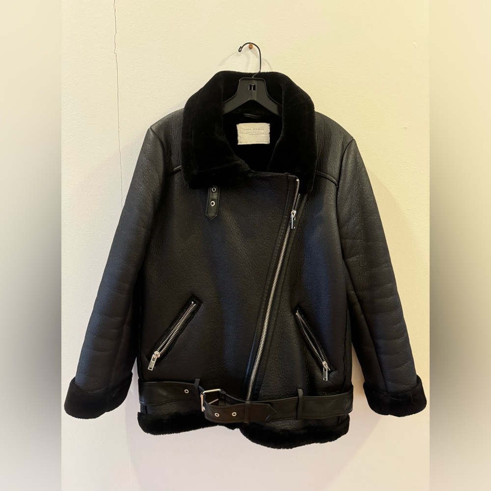 Zara Black Thick Fur Lined Moto Jacket